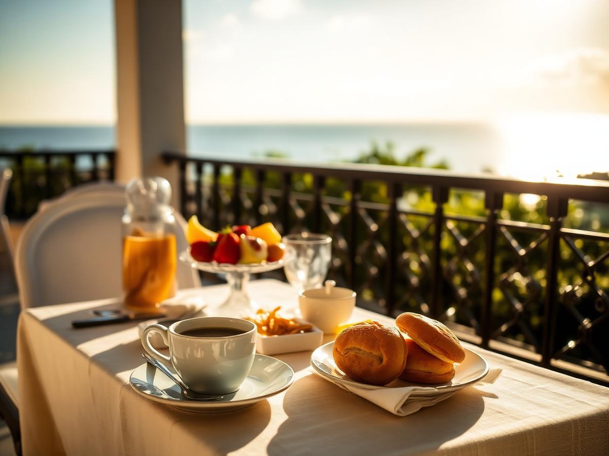 Breakfast on a sunny hotel terrace overlooking the sea