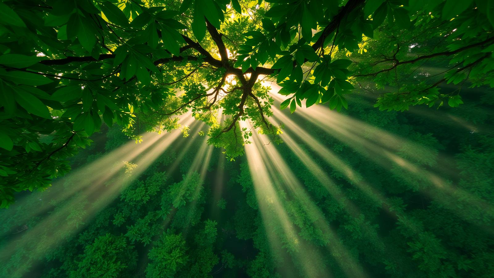 Sunlight through a green forest canopy